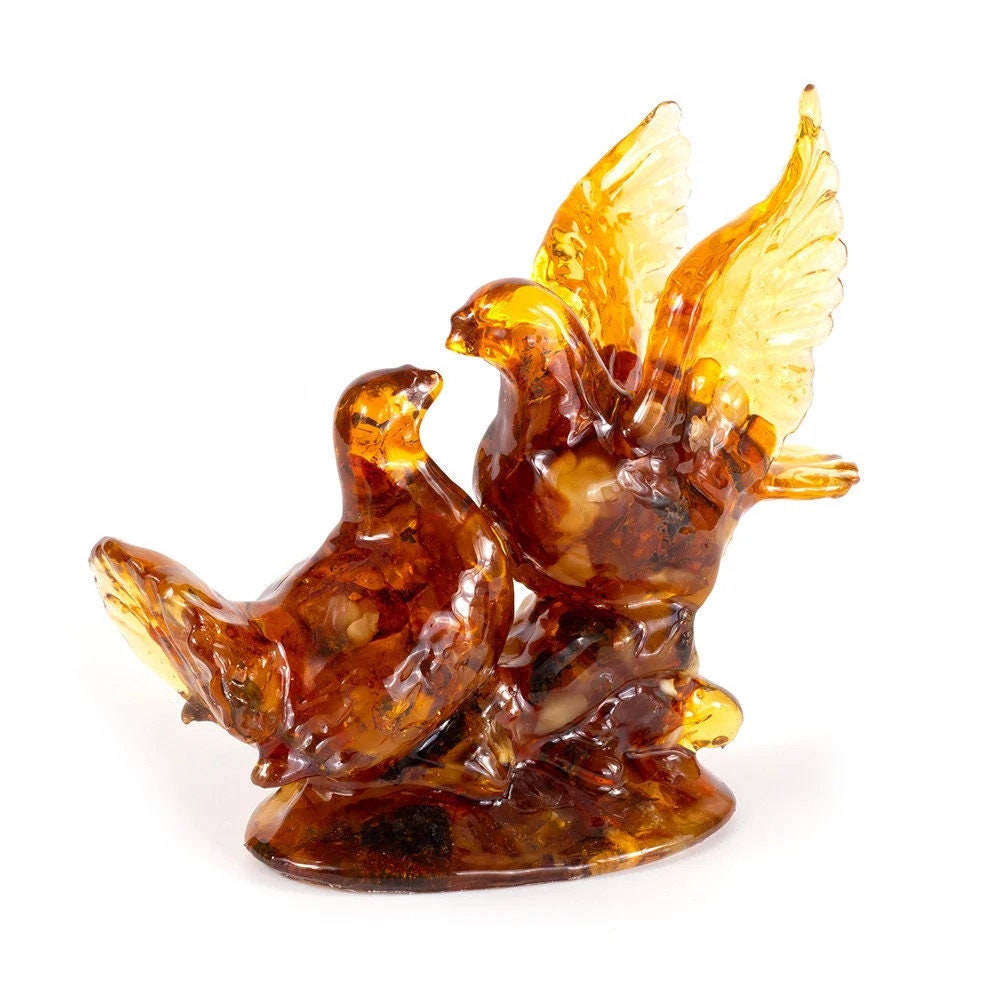 Handmade Large souvenir statuette with natural amber Lovebirds |Amber Souvenir gift |Amber Pigeons Statuette |Amber Sculpture |unick gift