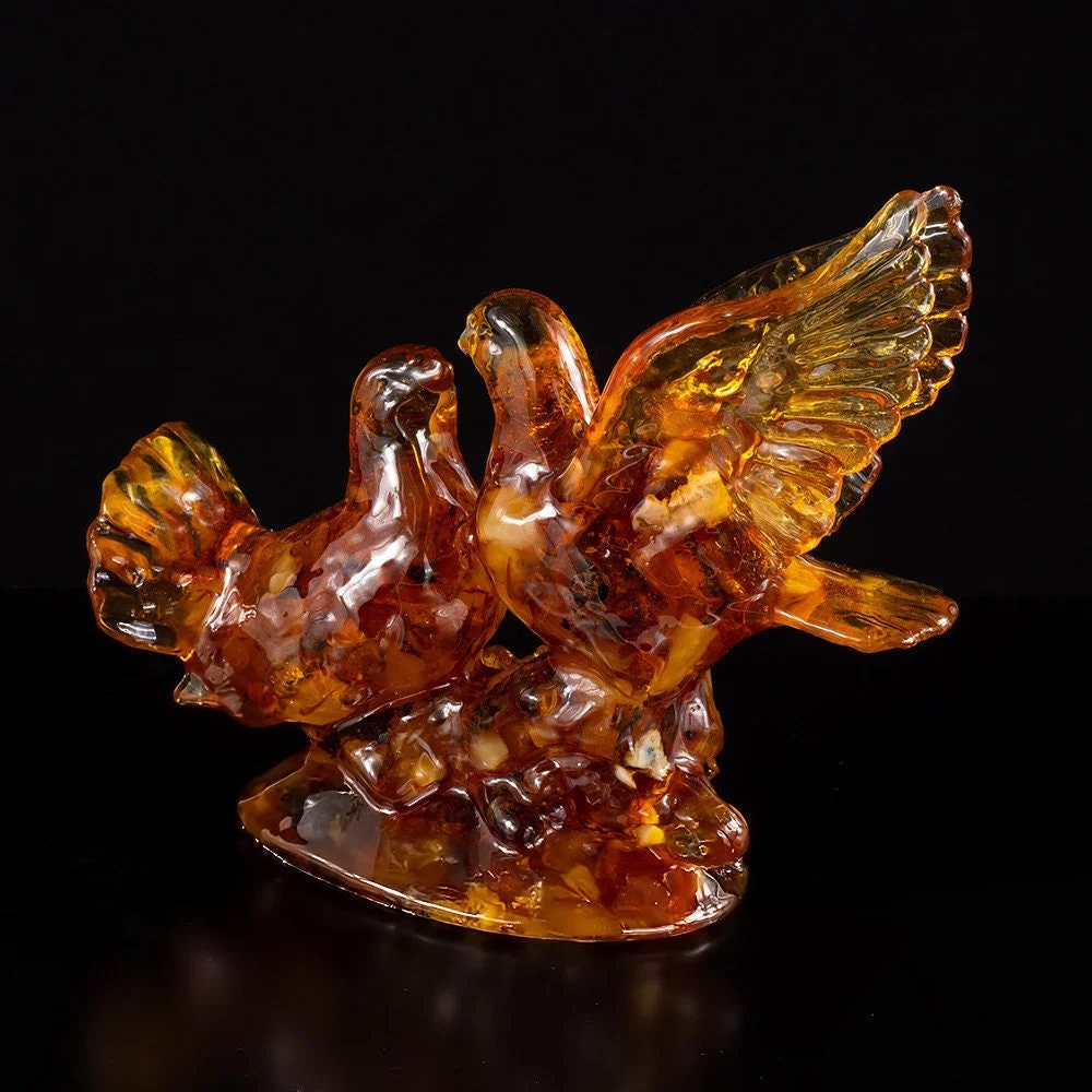 Handmade Large souvenir statuette with natural amber Lovebirds |Amber Souvenir gift |Amber Pigeons Statuette |Amber Sculpture |unick gift