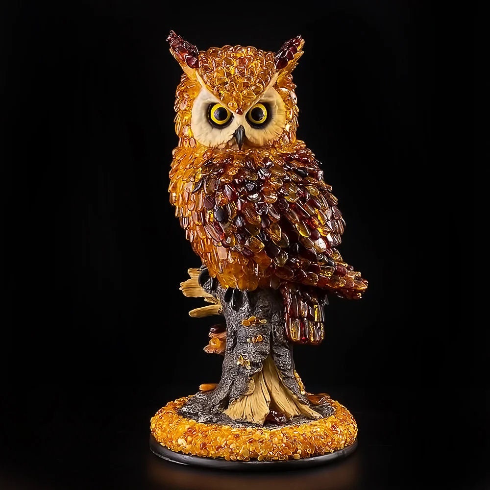 Handmade Large souvenir figurine inlaid with natural amber Owl on a stump|Baltic Amber Owl Statuette Amber owl Sculpture |unick gift|owl art