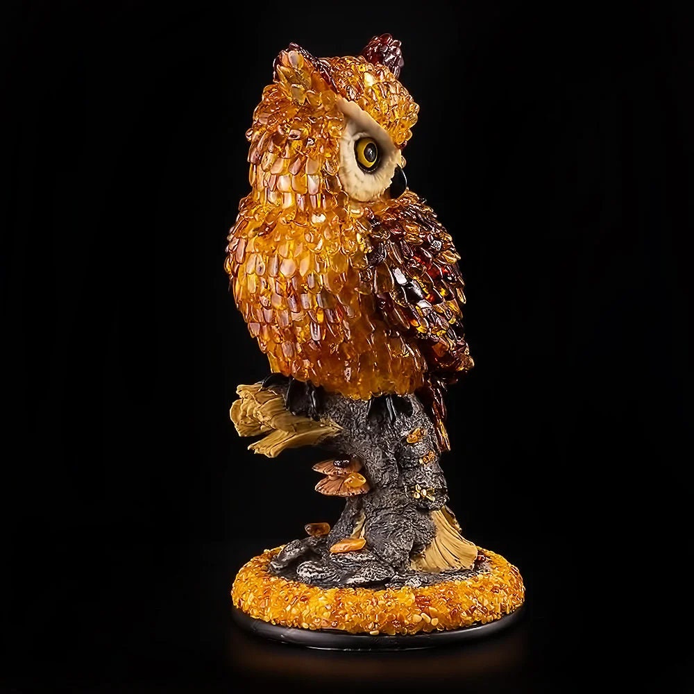 Handmade Large souvenir figurine inlaid with natural amber Owl on a stump|Baltic Amber Owl Statuette Amber owl Sculpture |unick gift|owl art