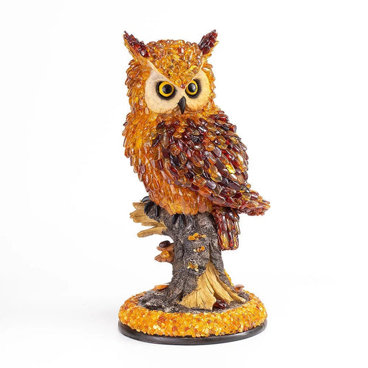 Handmade Large souvenir figurine inlaid with natural amber Owl on a stump|Baltic Amber Owl Statuette Amber owl Sculpture |unick gift|owl art