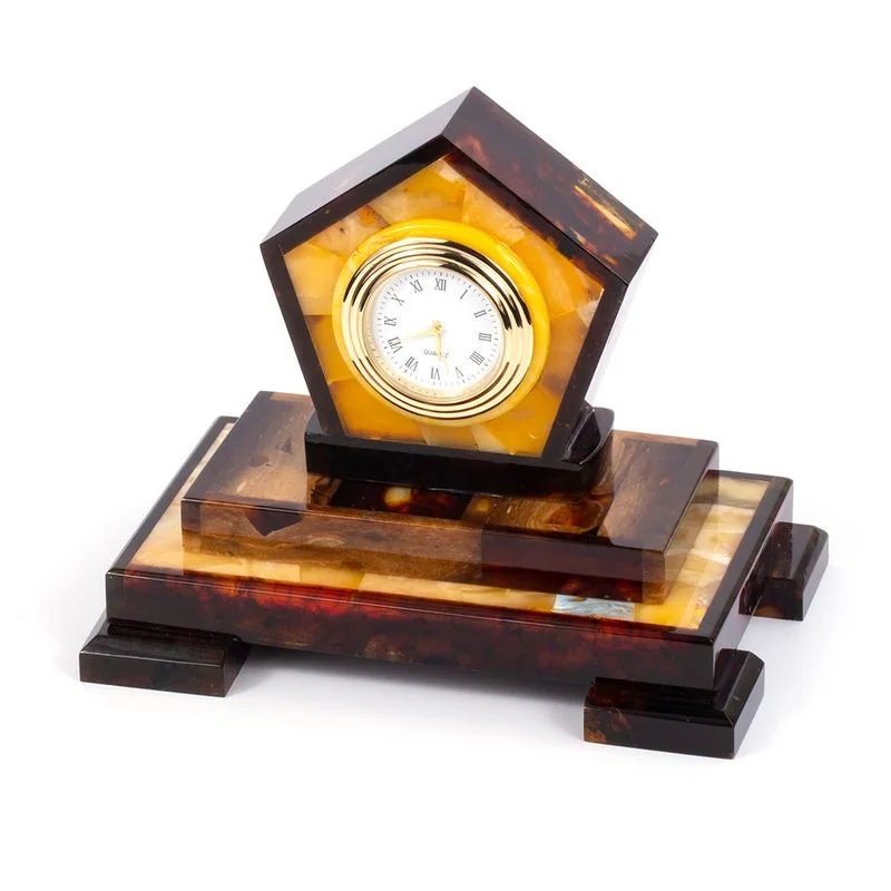 Luxury Business souvenir table Clock with natural amber mosaic|Amber Souvenir gift| Home Decor | Luxury Clock Amber| Unick Gift| Vip Gift