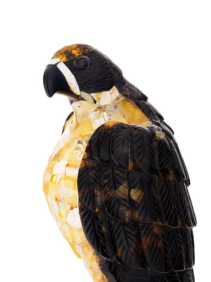 Carved statuette made of natural amber on a wooden stand Peregrine Falcon|Amber Souvenir Gift |Amber Falcon Figurine|Luxury Amber Statue