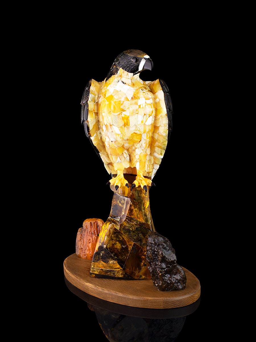 Carved statuette made of natural amber on a wooden stand Peregrine Falcon|Amber Souvenir Gift |Amber Falcon Figurine|Luxury Amber Statue