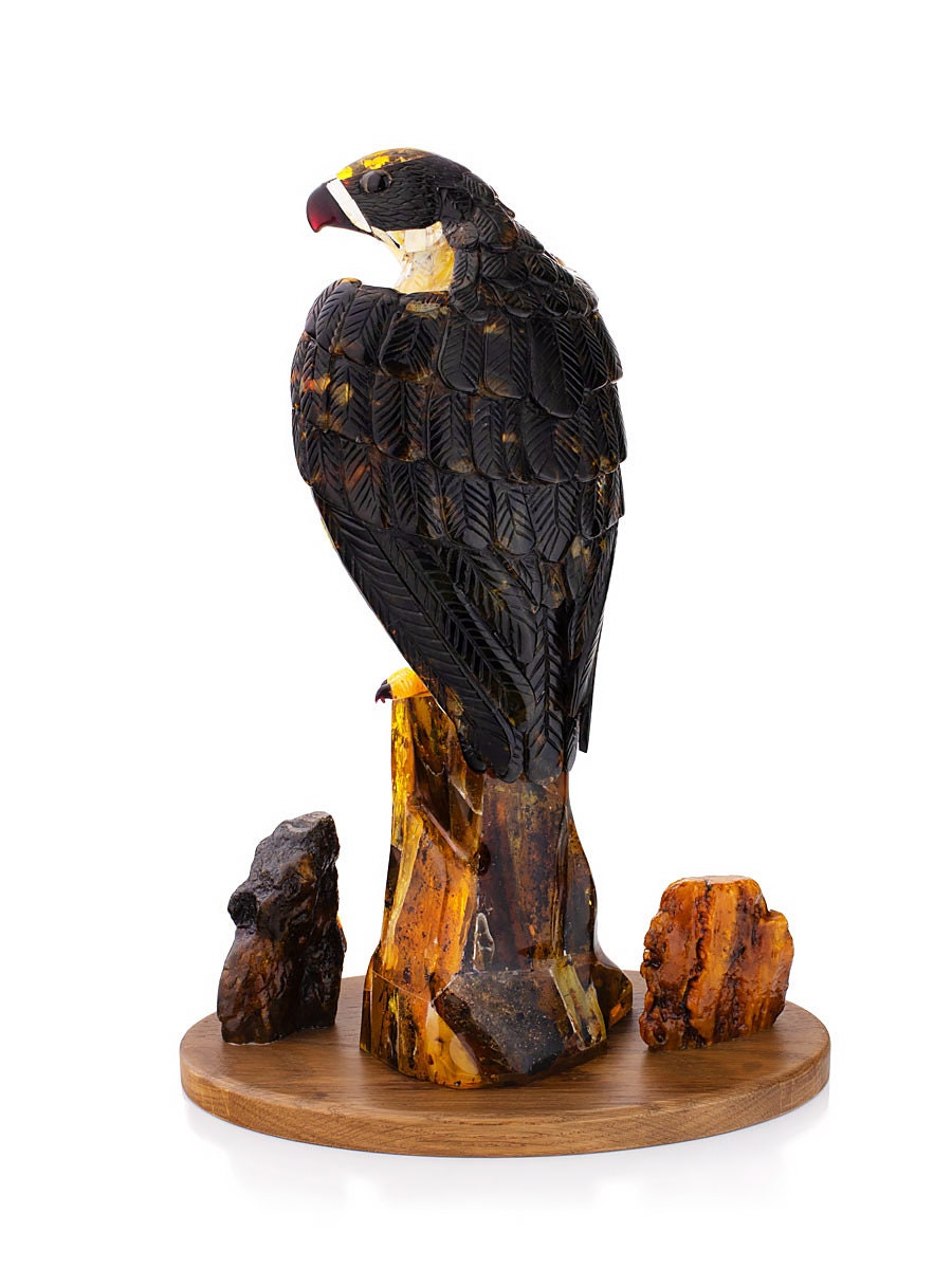 Carved statuette made of natural amber on a wooden stand Peregrine Falcon|Amber Souvenir Gift |Amber Falcon Figurine|Luxury Amber Statue