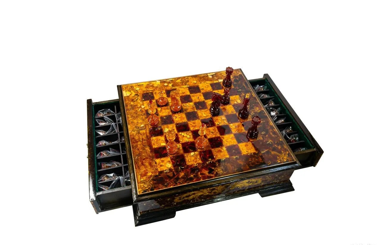 Amber Chess Set with Drawer and Exclusive Chess Pieces| Handcrafted Wooden Amber Chessboard | Deluxe Collectors' Edition Game Set| Vip chess