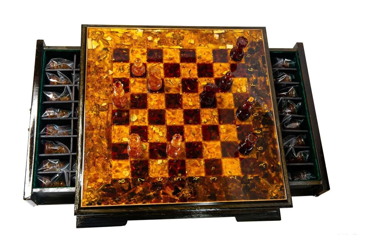 Amber Chess Set with Drawer and Exclusive Chess Pieces| Handcrafted Wooden Amber Chessboard | Deluxe Collectors' Edition Game Set| Vip chess