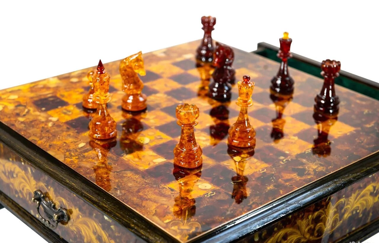 Amber Chess Set with Drawer and Exclusive Chess Pieces| Handcrafted Wooden Amber Chessboard | Deluxe Collectors' Edition Game Set| Vip chess