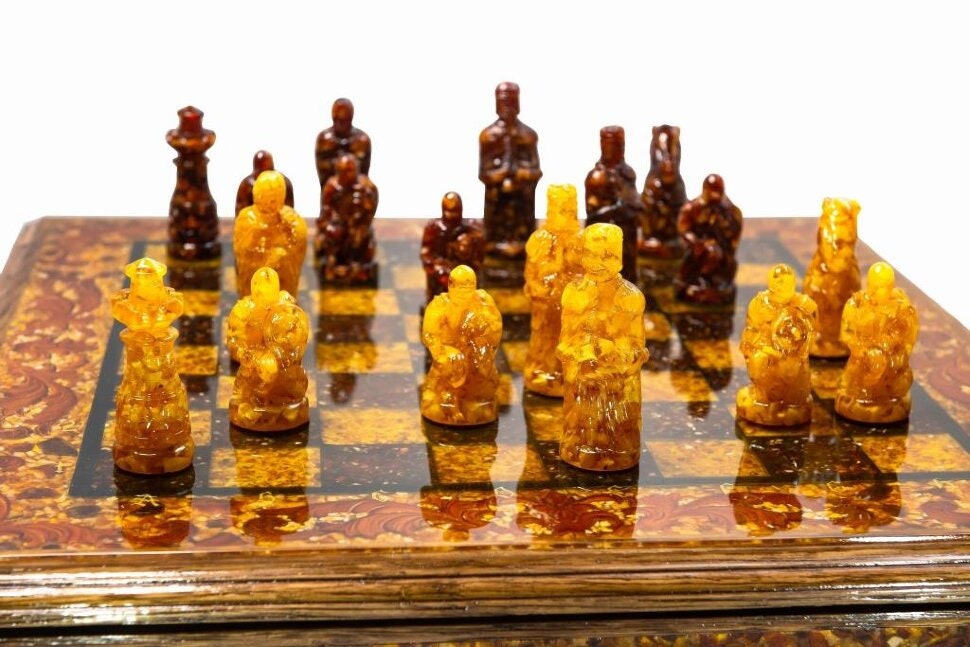 Large Oak Amber Chess set with amber knight chess pieces|Wooden Amber chessBoard|Amber Chess Figures |Board Game| Vip Gift|Luxury chess set