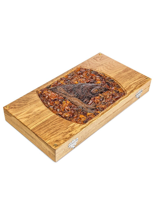 Luxury backgammon board with wood and baltic amber carving Wolf and Bear |Wood Backgammon Checkers |Amber Dices cubes|Board Game| Vip Gift