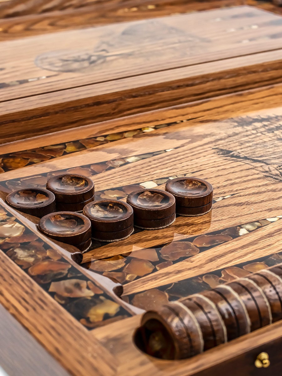 Luxury backgammon set made of wood and amber Wolf|Handmade Amber checkers|amber wood backgammon chips|Amber Dices cubes| Board Game|Vip Gift