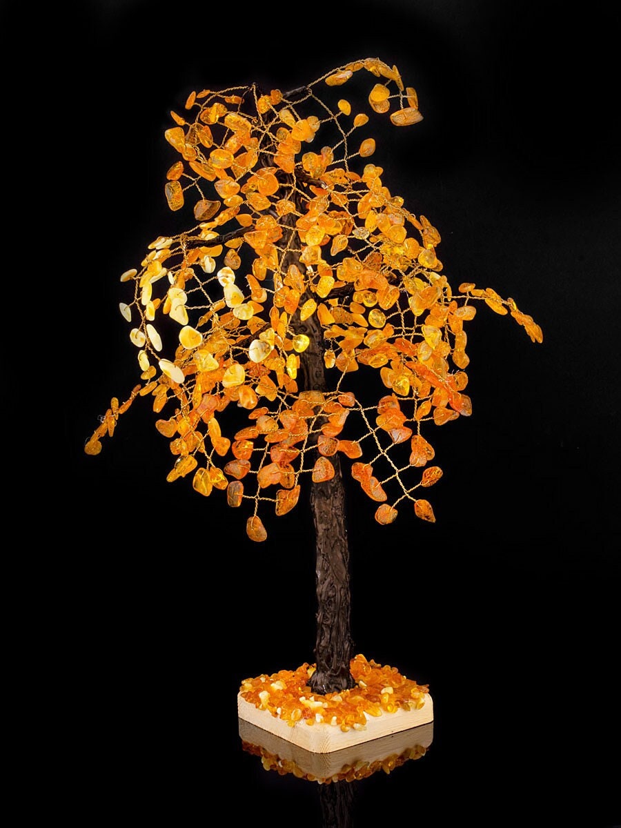 Small souvenir money tree with amber leaves on wooden stand |The talisman tree|Amber Tree Art| Souvenir Gift |Home Office Decor| Unick gift