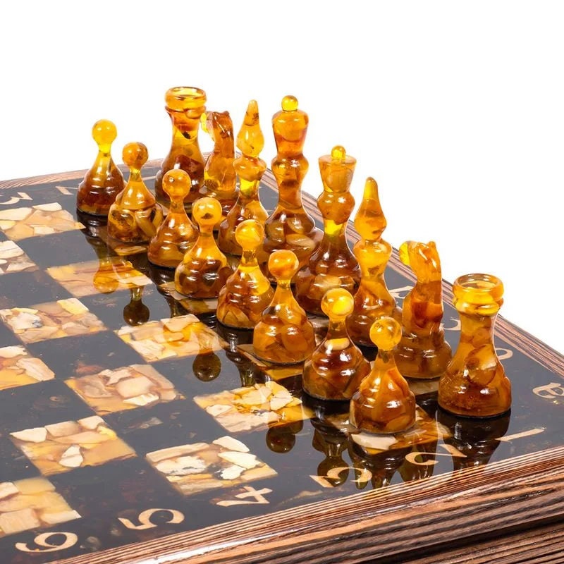 Luxury wooden Chess set with amber figures|Chess Pieces|Wooden Amber Chessboard |Chess Figures|Board Game |Vip Gift|Handmade Luxury Chess