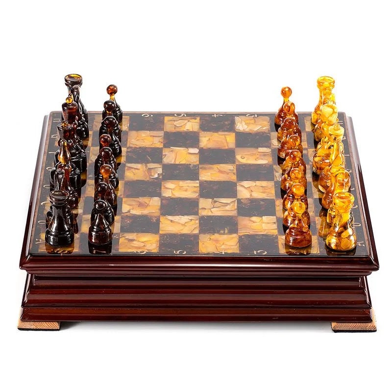 Elegant amber chess in an oak lacquered casket with figures|Wooden Amber Chessboard |Chess Figures|Board Game|Vip Gift|Handmade Luxury Chess