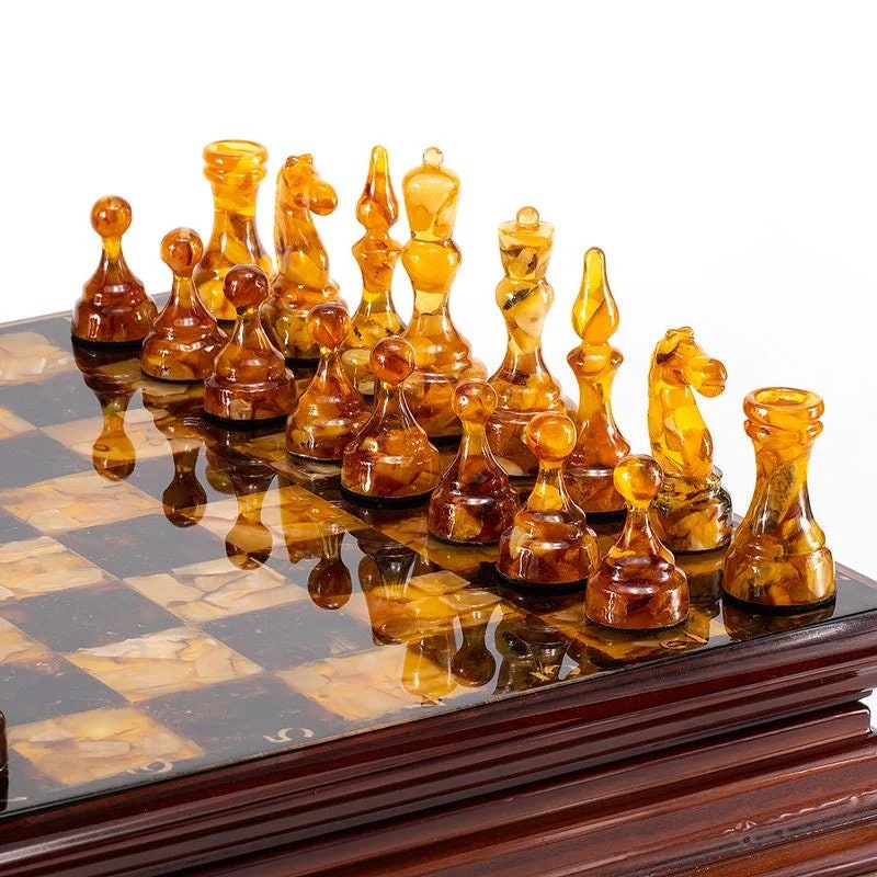 Elegant amber chess in an oak lacquered casket with figures|Wooden Amber Chessboard |Chess Figures|Board Game|Vip Gift|Handmade Luxury Chess