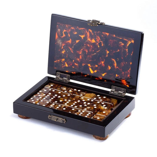 Luxury Gift amber domino with amber chips in a lacquered wooden casket| Natural Baltic Amber domino set Amber bones Chips Amber Chips