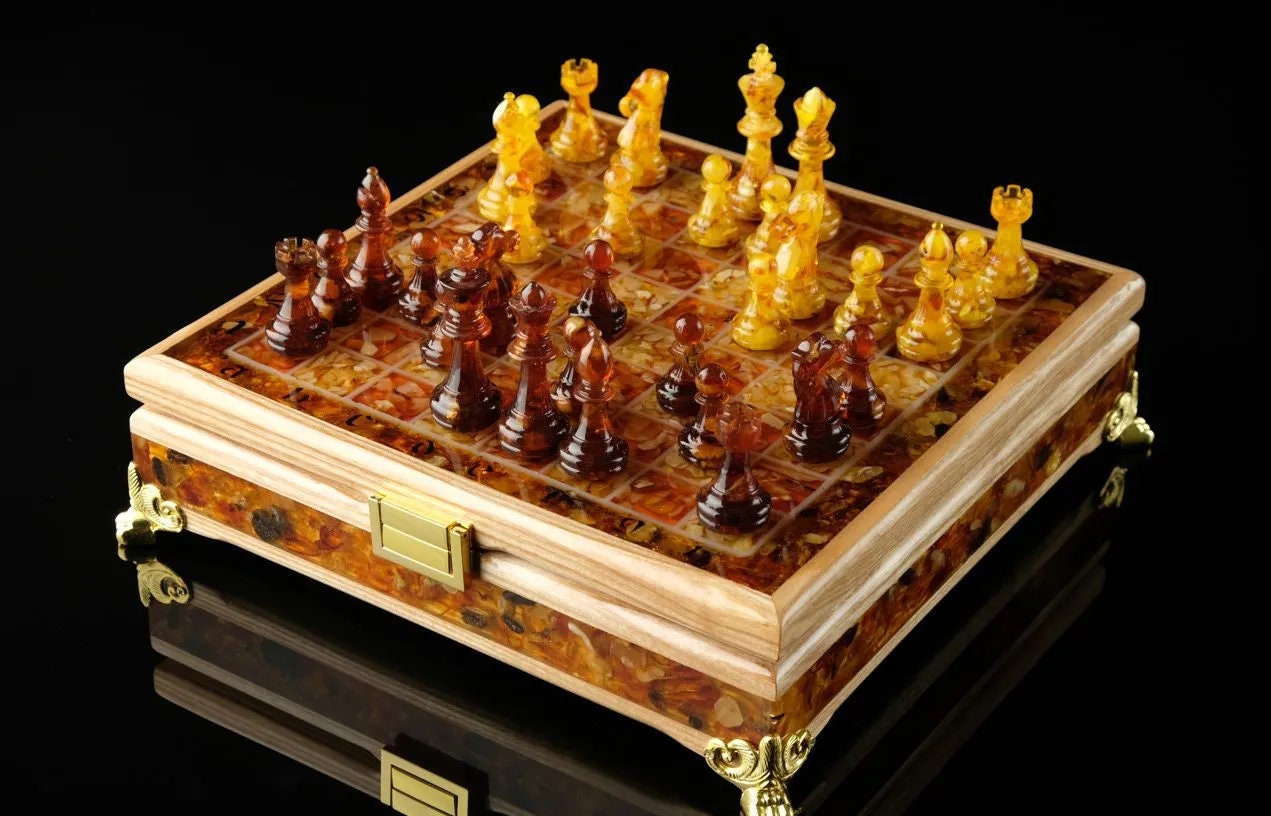 Wooden Amber chess set with amber classic figures|Amber Chess Pieces| Wooden Chessboard |Chess Figures|Board Game| Handmade Luxury Chess