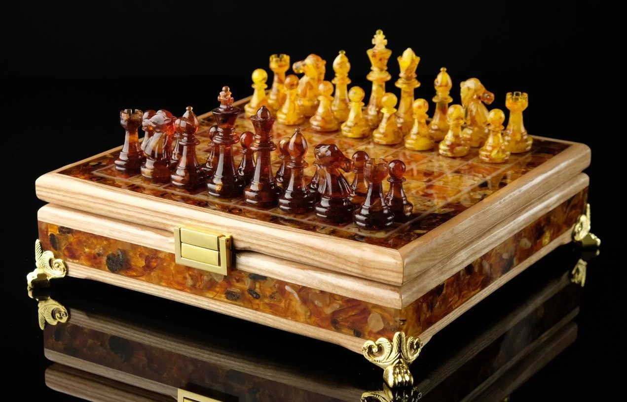 Wooden Amber chess set with amber classic figures|Amber Chess Pieces| Wooden Chessboard |Chess Figures|Board Game| Handmade Luxury Chess