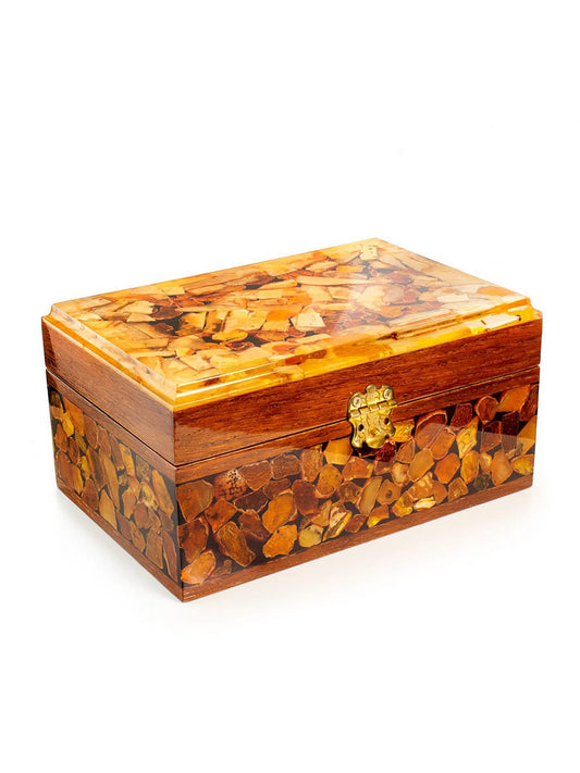 Large box made of polished wood decorated with mosaic natural Baltic amber|Wood amber storage box|Keepsake box|Mosaic amber box|Gift for her