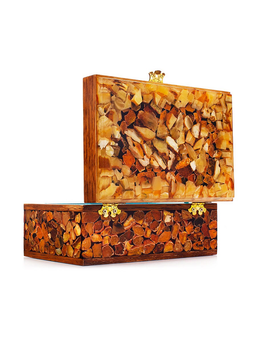 Large box made of polished wood decorated with mosaic natural Baltic amber|Wood amber storage box|Keepsake box|Mosaic amber box|Gift for her