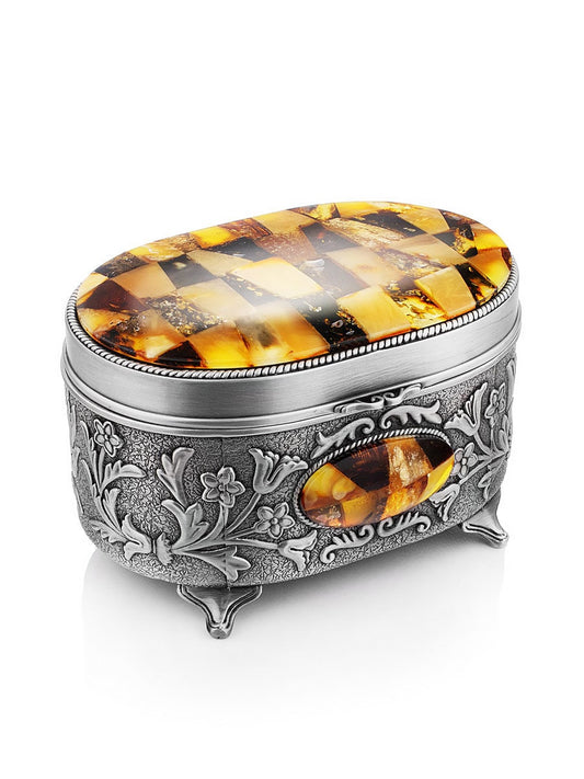 Jewelry box decorated with colorful mosaic of natural Baltic amber|Brass amber storage box|Keepsake box|Mosaic amber box|Gift for her