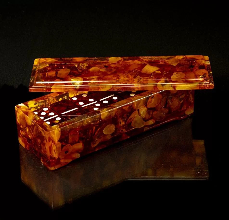 Luxury Domino Set made of natural amber with chips in a carved Amber Box| Natural Baltic Amber dominoe set|Amber bones Chips |Amber Chips