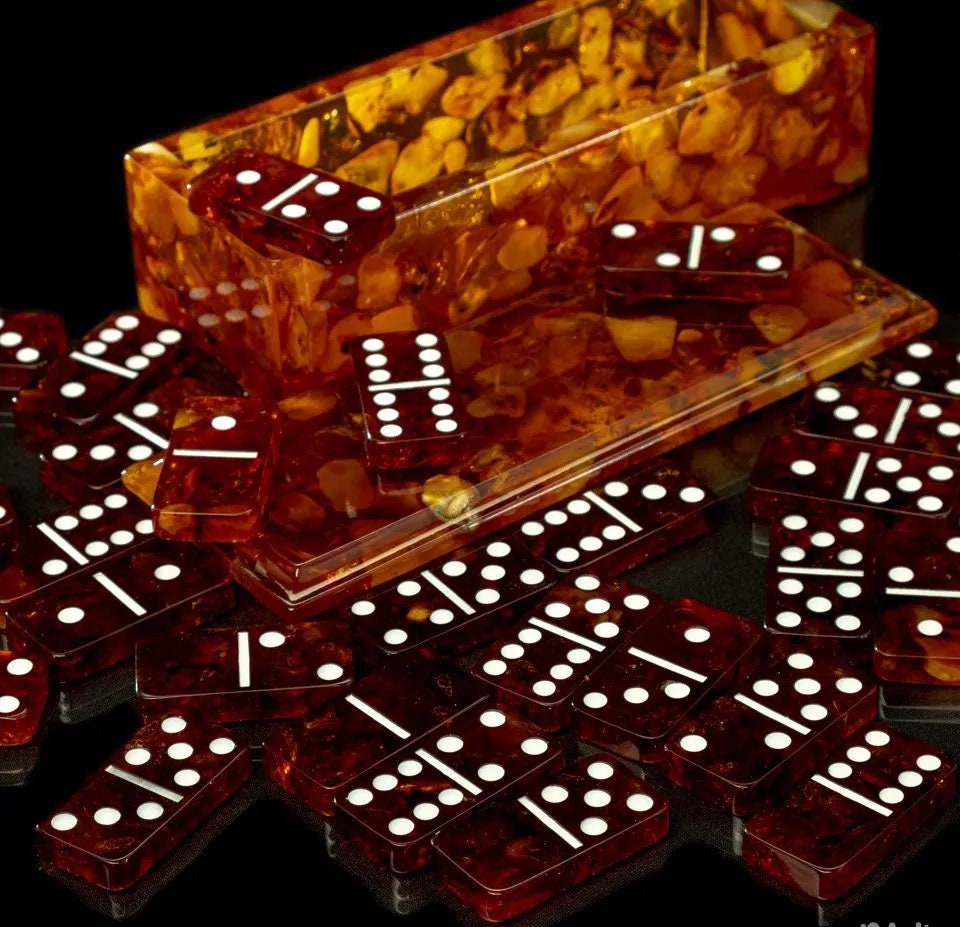 Luxury Domino Set made of natural amber with chips in a carved Amber Box| Natural Baltic Amber dominoe set|Amber bones Chips |Amber Chips