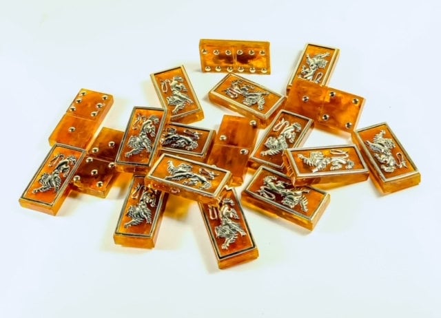 Luxury Amber Domino Lion  with amber bronze chips in Amber Box| Natural Amber dominoe set|Amber bones Chips|Board game