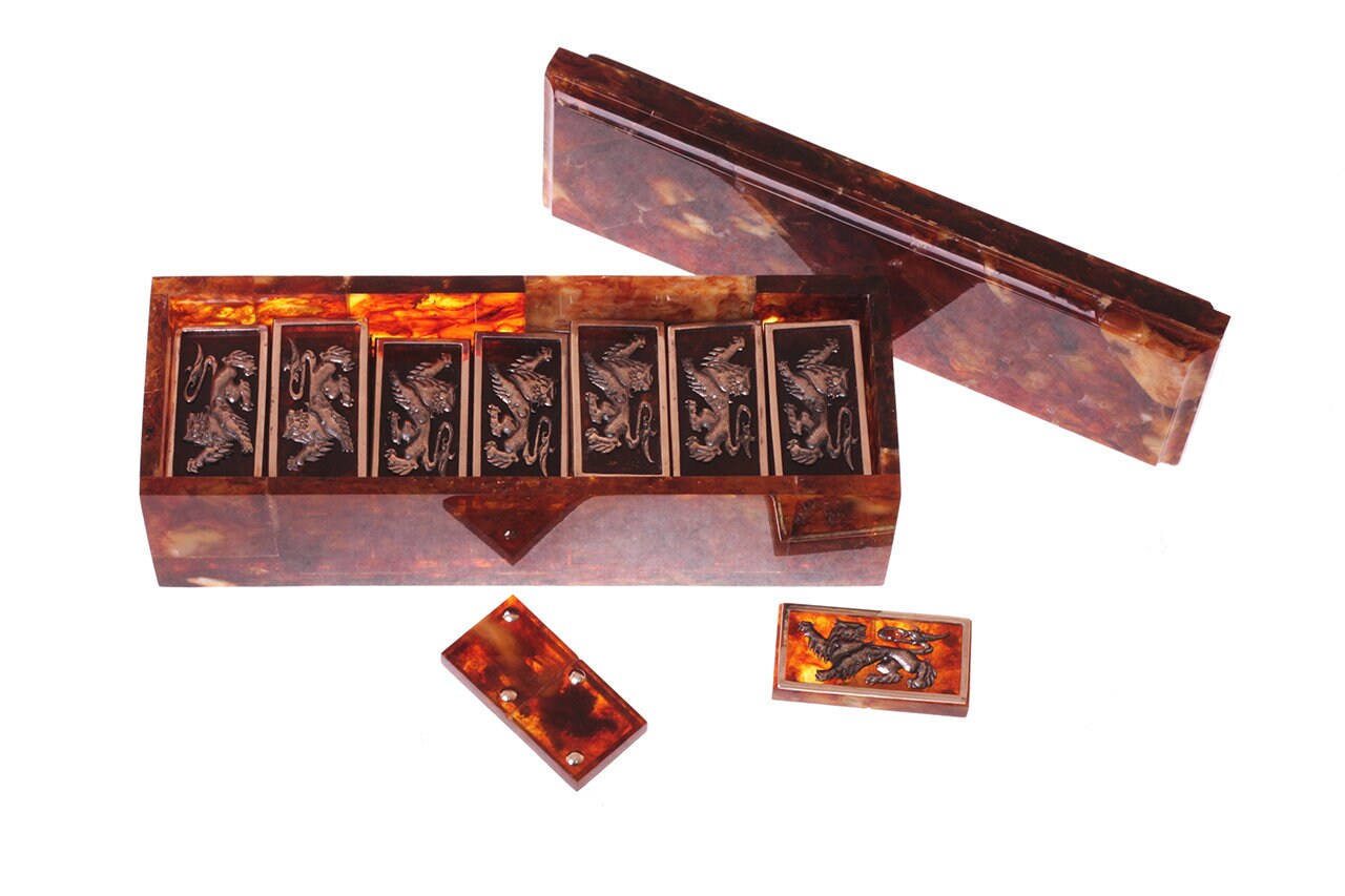 Luxury Amber Domino Lion  with amber bronze chips in Amber Box| Natural Amber dominoe set|Amber bones Chips|Board game