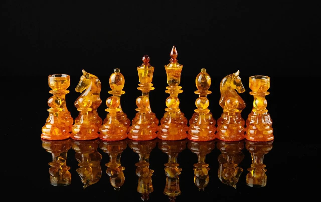 Amber classic chess figures |Handmade carved Luxury Amber chess pieces cognac honey color| Board Game| unique chess gift