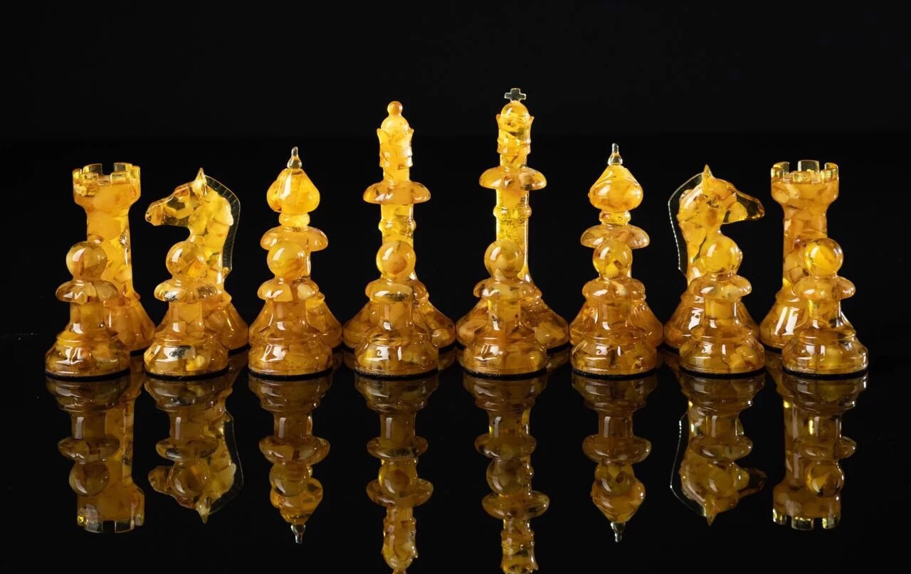 Handmade carved amber chess large figures PI |Luxury Baltic Amber chess pieces cognac honey color| Board Game|Vip Gift| unique chess gift