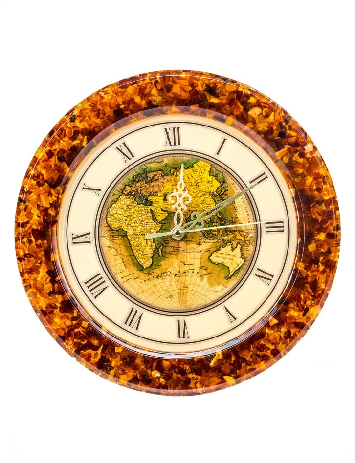 Unique Wall clock in an amber mosaic frame World Map|Amber gift|Home Decor|Wall Clock Amber |Unick Gift|Office Decor|Baltic amber decor