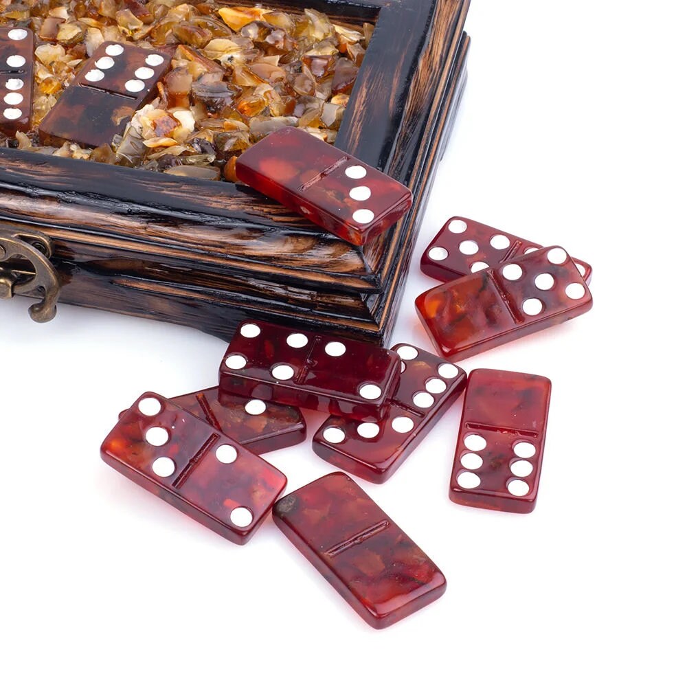 Wooden box decorated with natural Baltic amber with amber Domino chips| Natural Baltic Amber domino game set |Amber bones Chips| Amber Chips