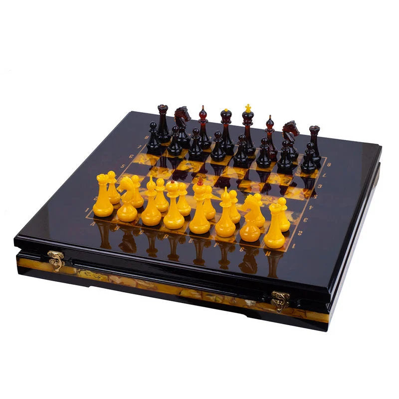 Large luxury amber chess set in oak casket-board with large amber chess pieces|Wooden amber Chessboard |Chess Figures |Board Game| Vip Gift