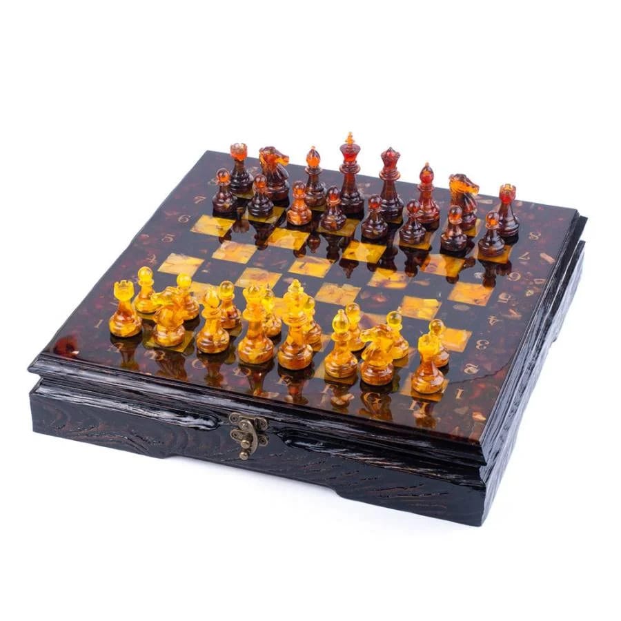 Luxury Large chess set chest with amber classic chess pieces|Wooden Amber Chessboard |Chess Figures|Board Game|Vip Gift|Unick chess gift