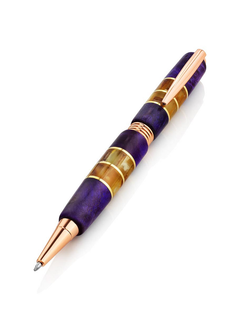 Unusual ballpoint pen made of amber and a picturesque birch leaf with purple tinting|Amber wood Pen|Luxury gift|Unick Gift|Gift for him