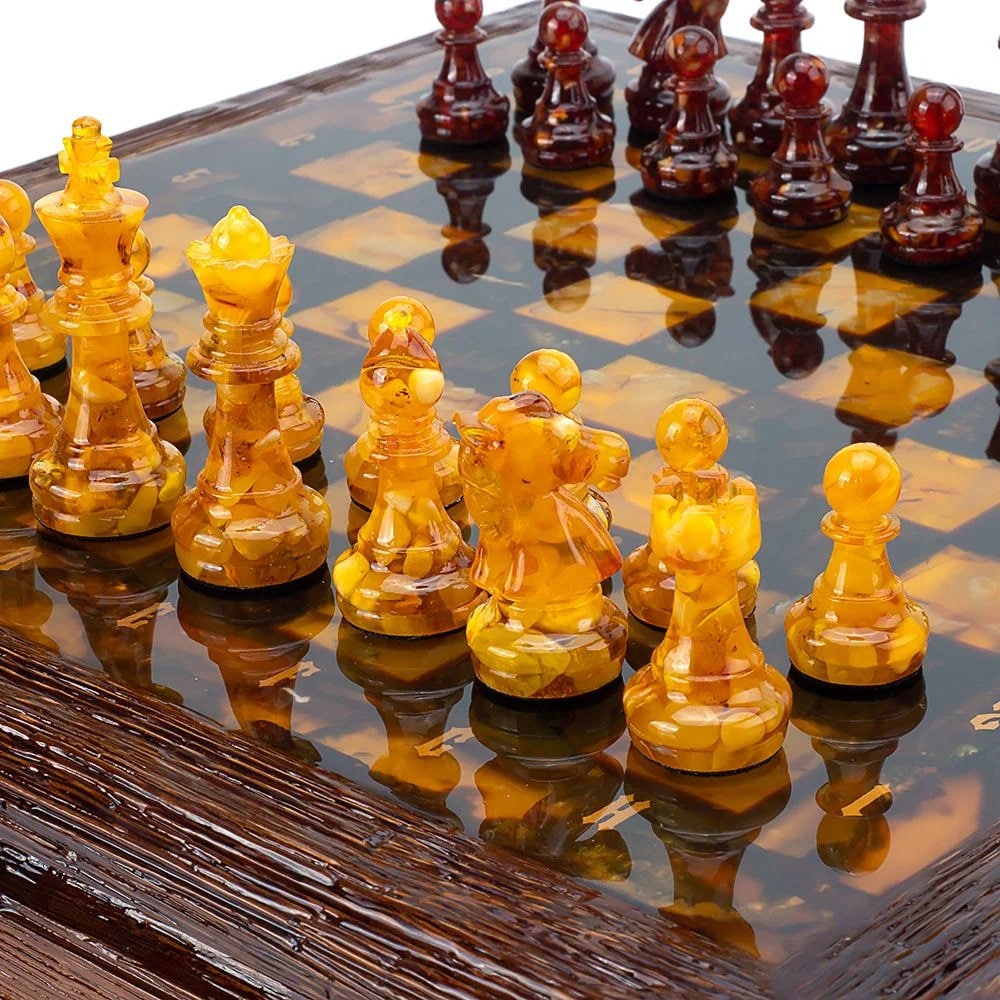 Exclusive amber chess set in an oak casket with handmade figures|Wooden Amber Chessboard |Chess Figures|Board Game|Vip Gift|Unick chess gift