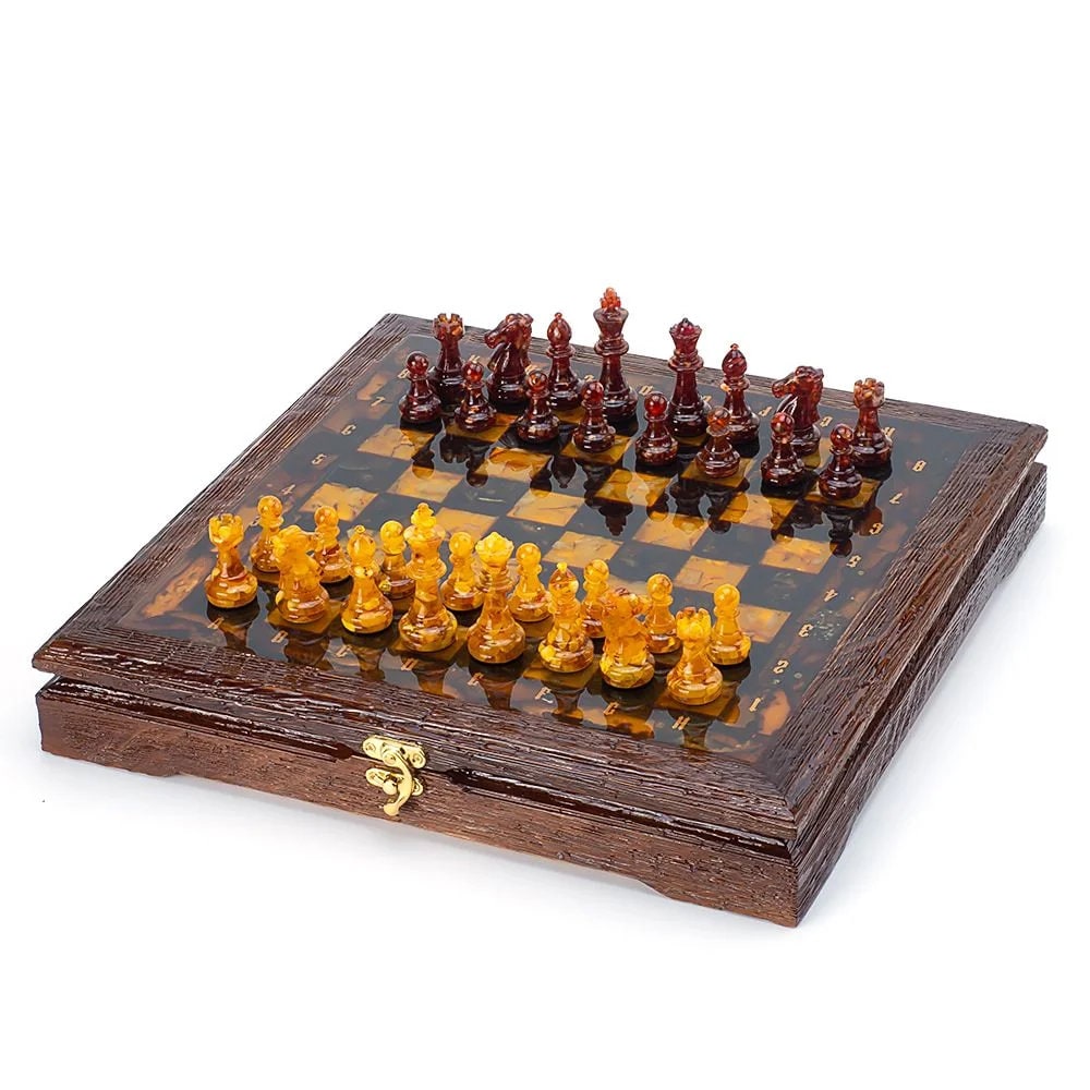 Exclusive amber chess set in an oak casket with handmade figures|Wooden Amber Chessboard |Chess Figures|Board Game|Vip Gift|Unick chess gift