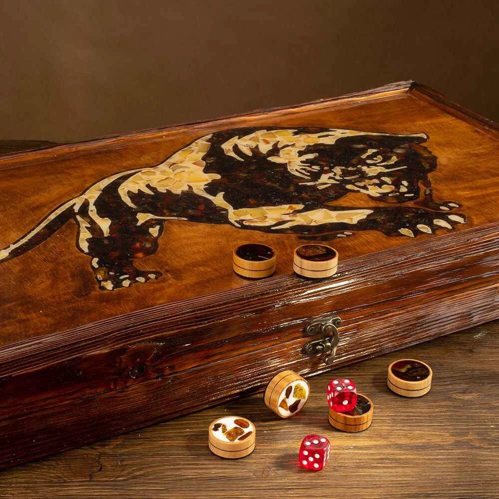 Exclusive handmade backgammon set decorated with natural amber mosaic "Panther"| Amber backgammon chips Backgammon Dices|Board Game|Vip Gift