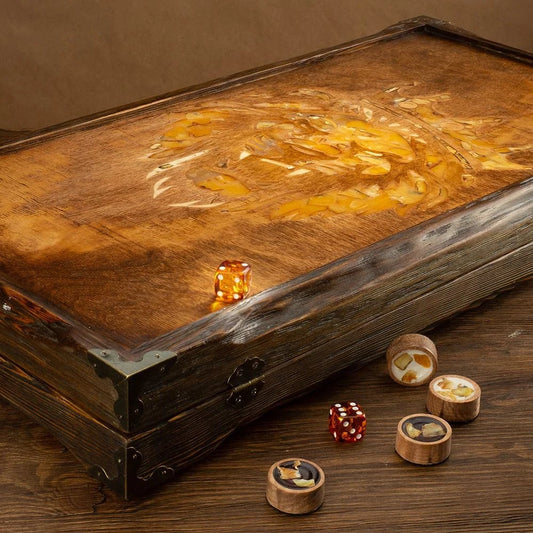 Exclusive backgammon set with natural amber mosaic handmade "Royal Lion"| baltic Amber backgammon chips Backgammon Dices|Board Game|Vip Gift