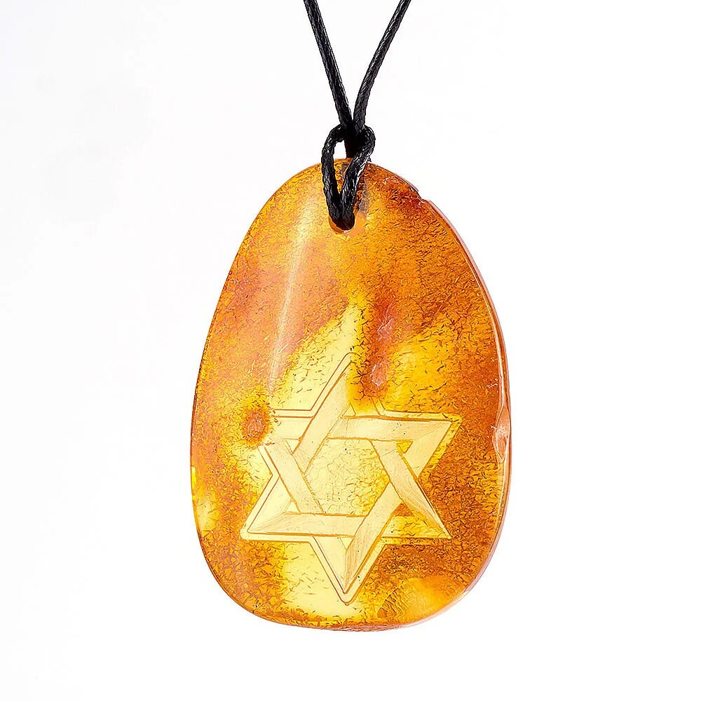 Large carved pendant image made of natural amber with the intaglio Star of David|Jewish star necklase|Amber Jewelry Gift |Religious Gift