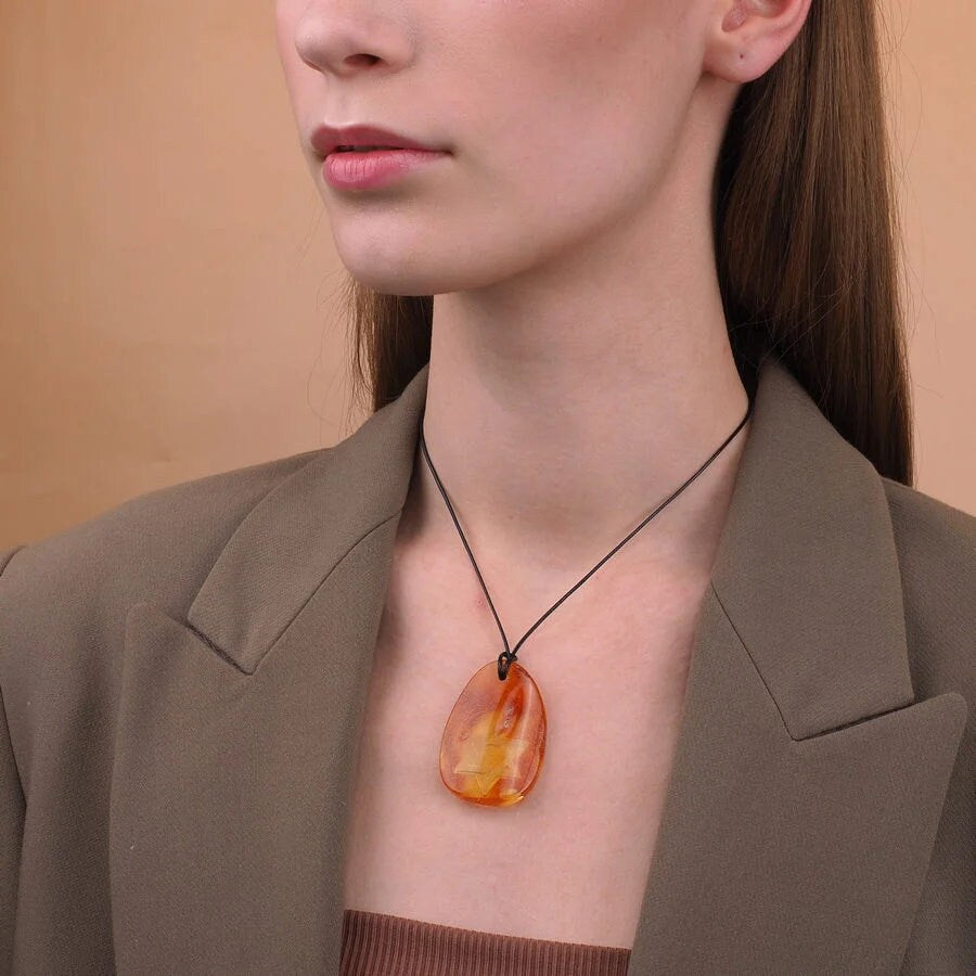 Large carved pendant image made of natural amber with the intaglio Star of David|Jewish star necklase|Amber Jewelry Gift |Religious Gift