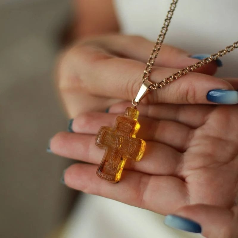 Carved cross made of natural light amber| Amber Carved Cross|Crucifixion  Pendant |Amber Jewelry Gift |Religious Gift |Jesus Savior