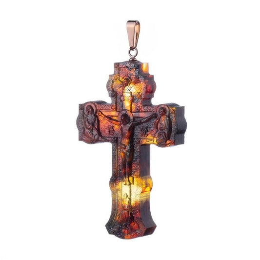 Large golden Orthodox cross with natural amber carving|Amber Cross|Crucifixion Pendant |Amber Jewelry Gift|Religious Gift|Jesus Savior