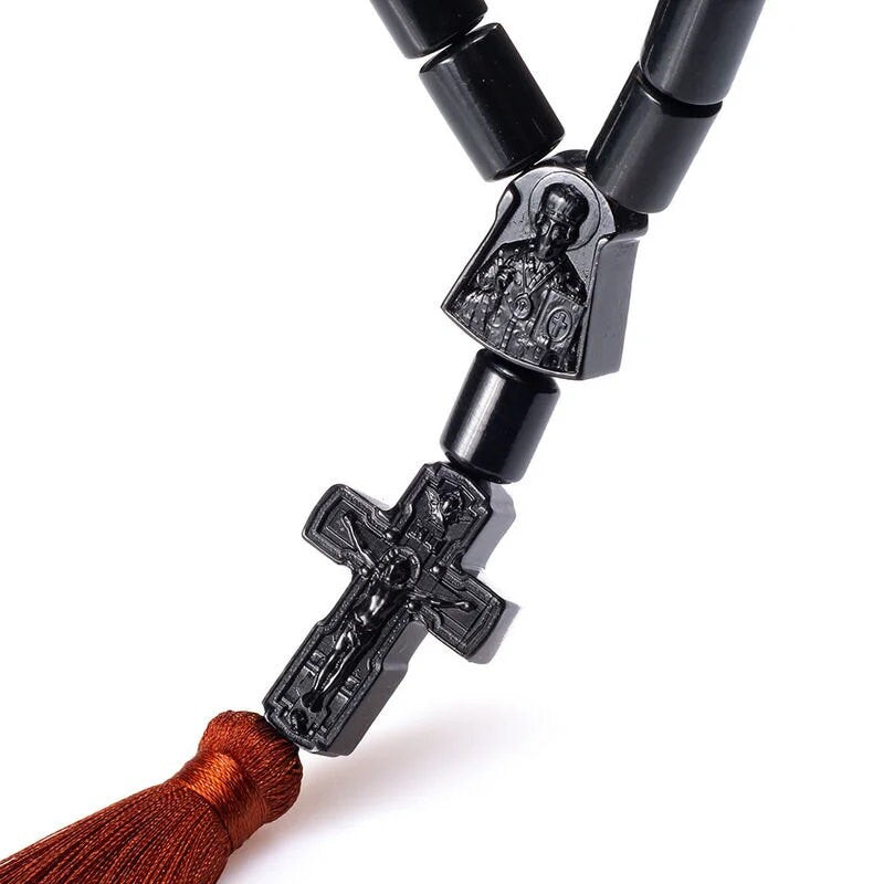 Large rosary barrels beads made of black amber with carved cross|Unick Large amber| Religious prayer beads| Jesus Christ| Religious Gift