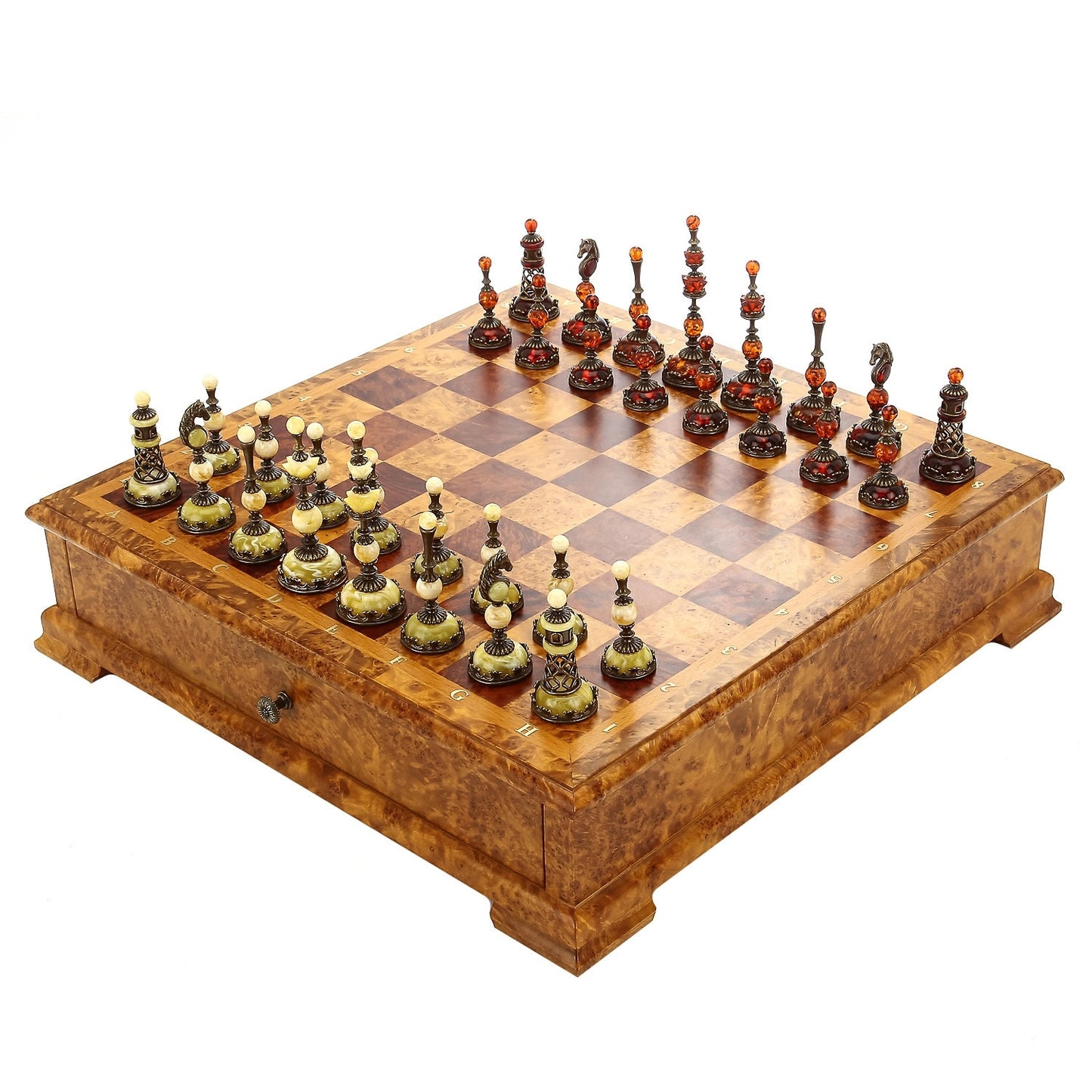 Chess set in birch cap casket with amber pieces 43x43cm|Unique chess|Wood Chessboard with drawers|Bronze Chess Figures|Board Game|Chess gift