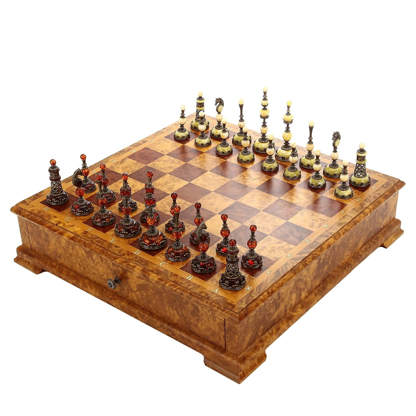 Chess set in birch cap casket with amber pieces 43x43cm|Unique chess|Wood Chessboard with drawers|Bronze Chess Figures|Board Game|Chess gift