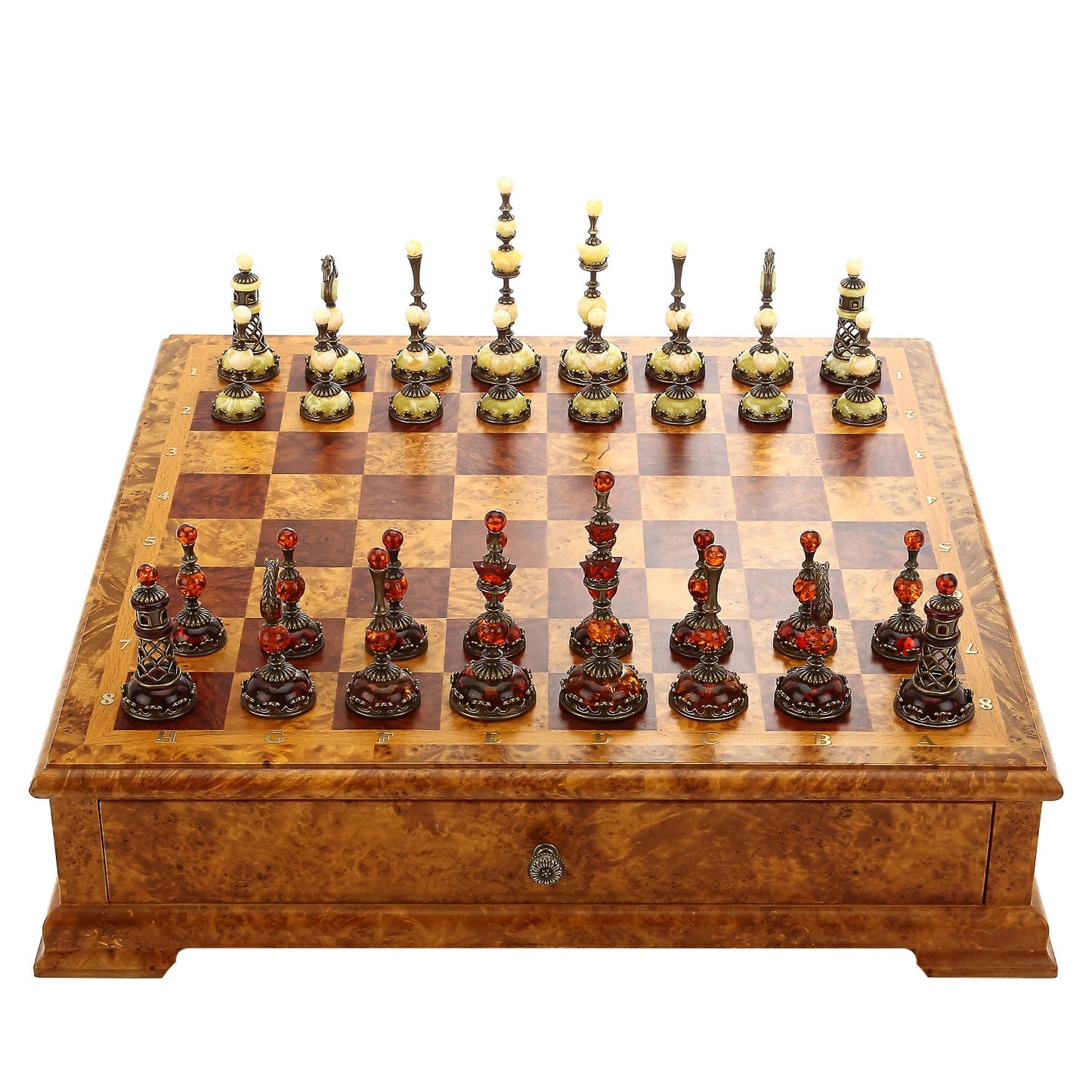 Chess set in birch cap casket with amber pieces 43x43cm|Unique chess|Wood Chessboard with drawers|Bronze Chess Figures|Board Game|Chess gift