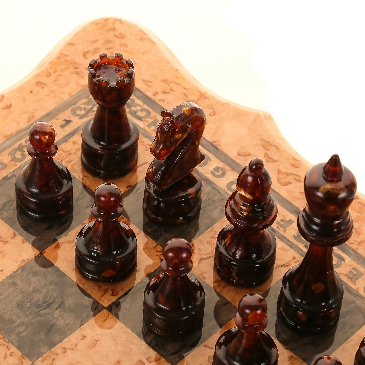 Karelian birch chess set with amber chess pieces|Unique chess|Wooden Chessboard with drawers|Amber Chess Figures|Board Game Gift|Chess gift