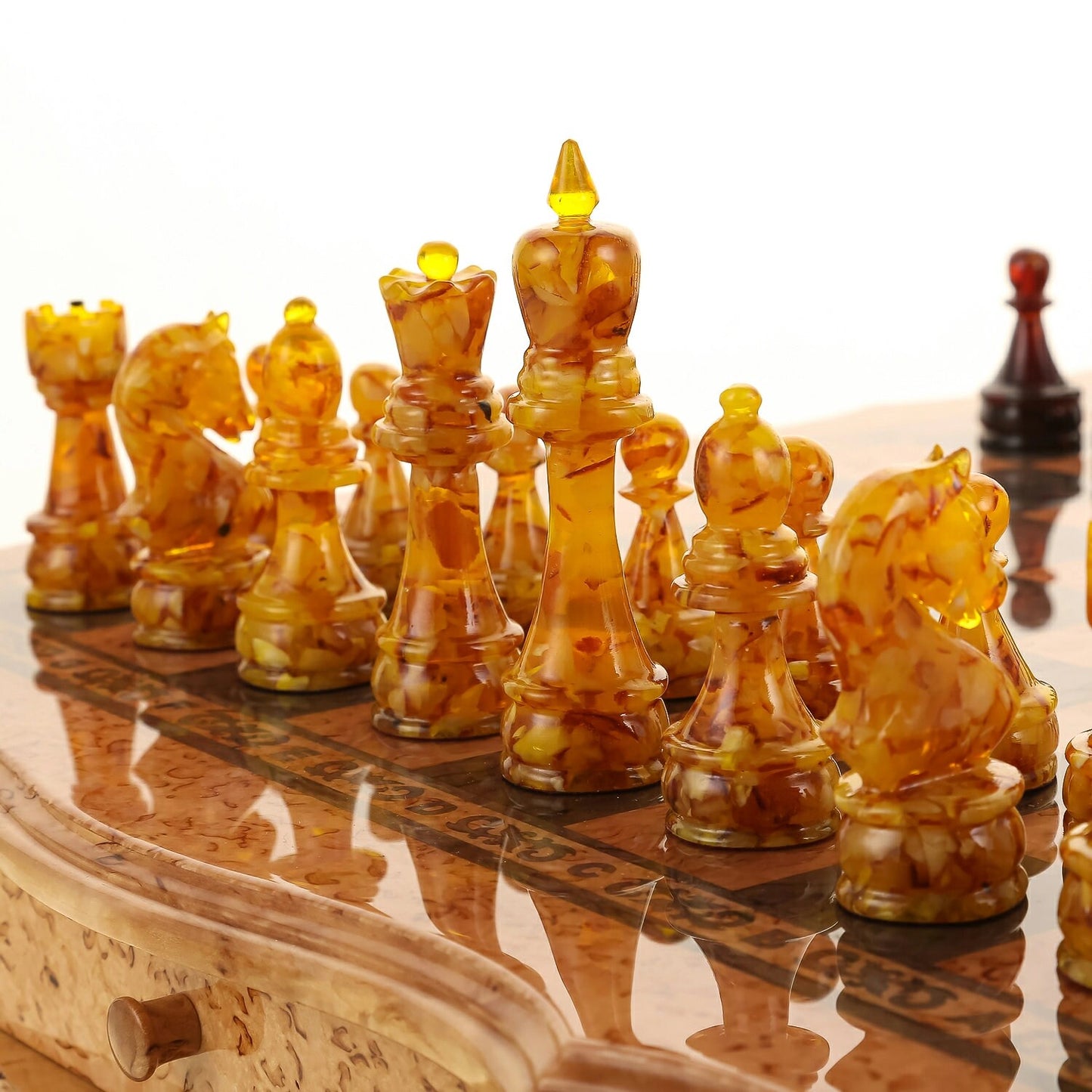 Karelian birch chess set with amber chess pieces|Unique chess|Wooden Chessboard with drawers|Amber Chess Figures|Board Game Gift|Chess gift